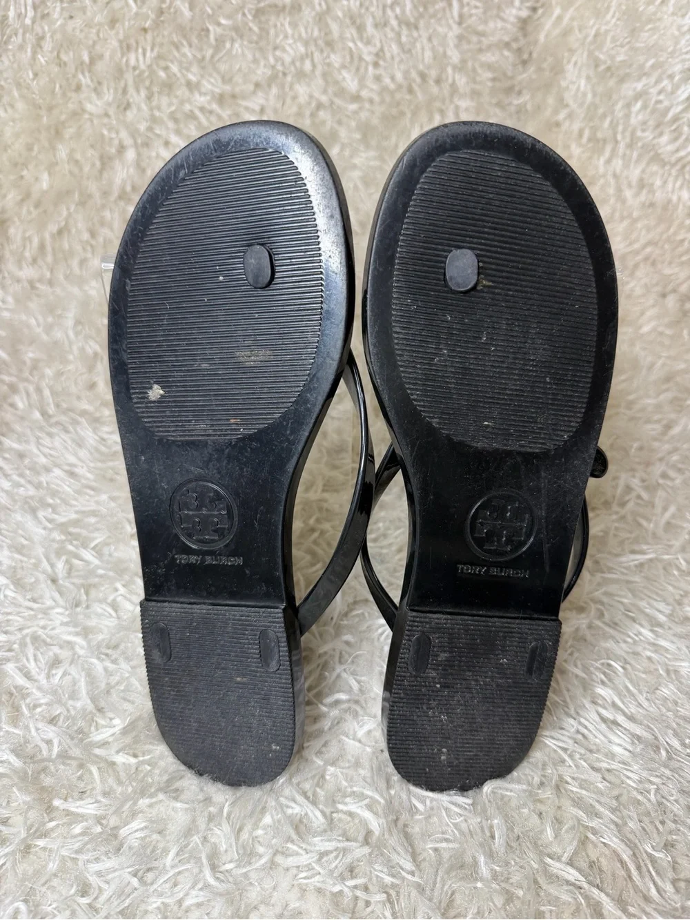 Tory Burch Black Jelly Bow Thong Sandals with Gold Logo Accent